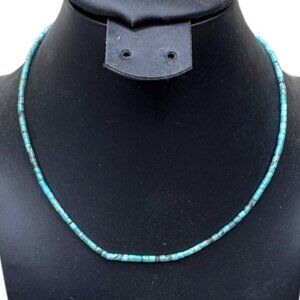 Vintage Turquoise & White Shell Heishi Beaded Necklace 15” Choker Sterling Clasp